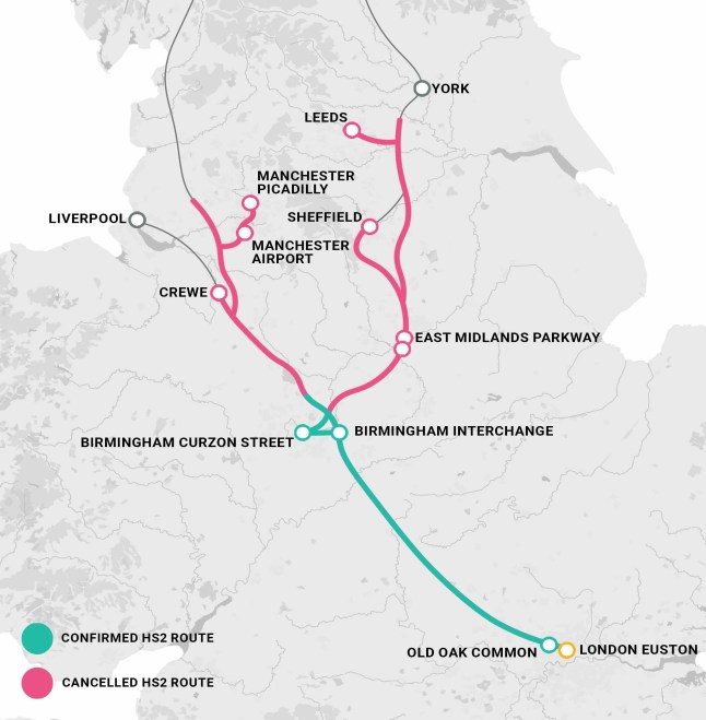 A graphics map showing the HS2 route and the cancelled northern leg.