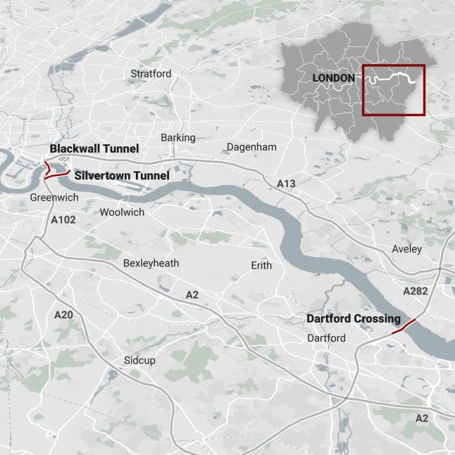 A Metro graphics map showing east London from Silvertown and Blackwall Tunnels to Dartford Crossing.