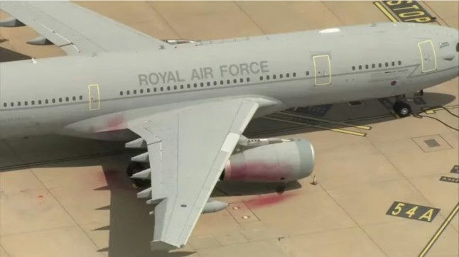 RAF Voyager aircrast at RAF Brize Norton that was vandalised with spray paint Palestine Action of pro-Palestinian activists breaking into RAF Brize Norton in Oxfordshire, and spray painting the tarmac next to a Airbus Voyager air-to-air refuelling tanker with red paint GRAB from BBC News - CREDIT BBC News