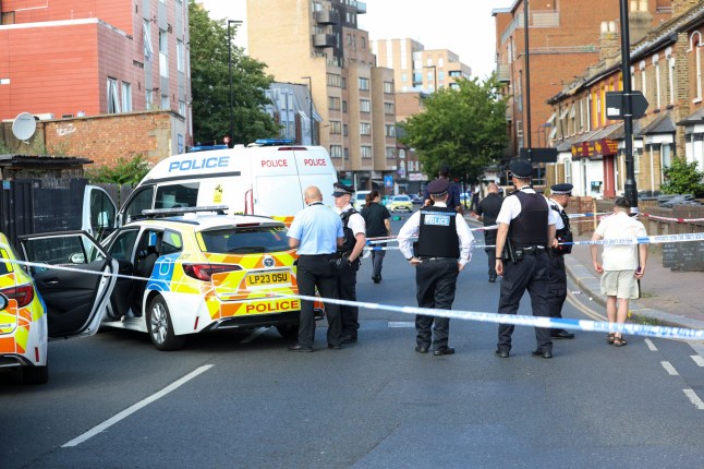 police cars at the scene of stabbing on Hanworth Road, Hounslow.