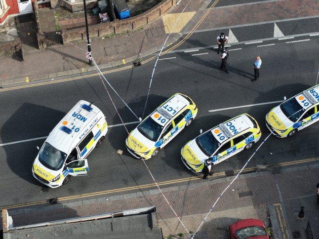 police cars at the scene of stabbing on Hanworth Road, Hounslow.