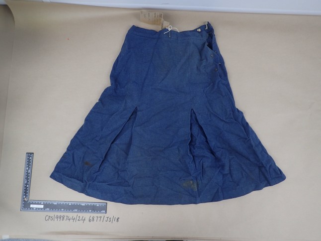 FILE PHOTO - Blue skirt that led to arrest in Louisa Dunne cold case. Photo released June 26 2025. This was the moment a 92-year-old man was arrested at his home - for a murder carried out nearly 60 years before.Police bodyworn footage captured Ryland Headley being arrested for the murder of Louisa Dunne in what was Britain's oldest cold case review.A trial into the killing of the 75-year-old in Bristol on 27 June 1967 remains ongoing.But after it was shown to the jury, Avon and Somerset Police have released a video, which are the first images of the defendant.