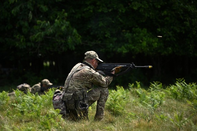 Ukrainian soldiers take part in a training excercise operated by British and Netherlands' armed forces as part of the Interflex programme, in eastern England, on June 17, 2025. June 26, 2025 marks three years of Operation Interflex, with more than 50,000 troops being trained as part of the international partnership. The UK has been one of Ukraine's staunchest supporters since Russia invaded in early 2022, levelling rounds of sanctions against Moscow and supplying multiple packages of military aid. (Photo by JUSTIN TALLIS / AFP) (Photo by JUSTIN TALLIS/AFP via Getty Images)