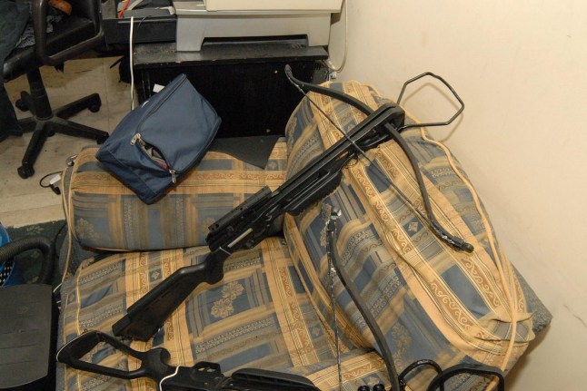 West Yorkshire Police undated handout photo of crossbows belonging to 'Crossbow cannibal' Stephen Griffiths who was jailed for life at Leeds Crown Court today for the 'wicked and monstrous' murders of three prostitutes. PRESS ASSOCIATION Photo. Issue date: Tuesday December 21 2010. Griffiths, 40, who was obsessed with serial killers, murdered Suzanne Blamires, Shelley Armitage and Susan Rushworth, who all worked in the red light district near his home in Bradford, West Yorkshire. See PA story COURTS River. Photo credit should read: West Yorkshire Police/PA Wire NOTE TO EDITORS: This handout photo may only be used in for editorial reporting purposes for the contemporaneous illustration of events, things or the people in the image or facts mentioned in the caption. Reuse of the picture may require further permission from the copyright holder.