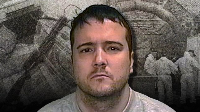 Stephen Griffiths in a prison mug shot. He is wearing a grey jumper and behind him is images of crime scenes linked to his case