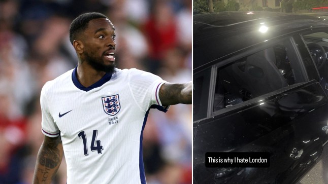 A compilation image of Ivan Toney and his car with a smashed window alongside the caption 'This is why I hate London'