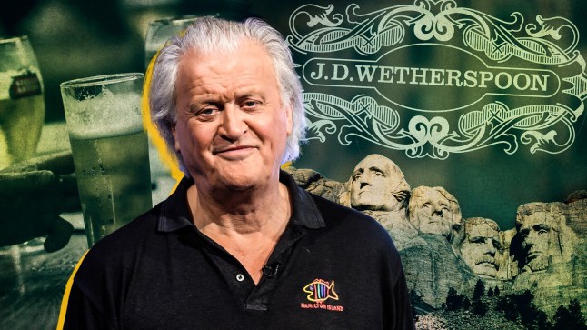 Wetherspoons pub founder TIm Martin in front of a graphic of the Wetherspoonslogo, pints and Mount Rushmore