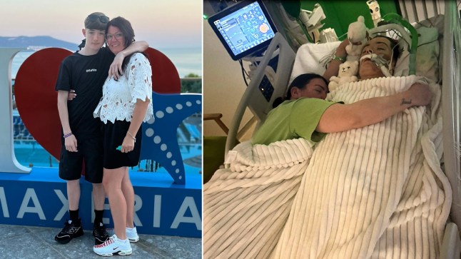 Mum Carly Calland with her son Jacob in a hospital bed after an e-scooter crash.