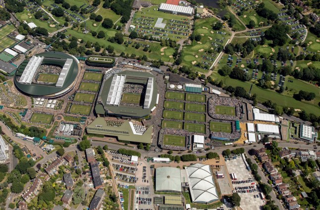 FILE - An aerial view of All England Tennis Club on day seven of the Wimbledon Tennis Championships in London, July 8, 2019. The All England Club's plan to build an 8,000-seat stadium and 38 other courts at Wimbledon that would allow the Grand Slam to hold its qualifying tournament on site has won approval from a local planning council. The expansion would take place on the former site of Wimbledon Park Golf Club, which the All England Club bought in 2018. The Merton Council's planning committee approved the proposal on Thursday Oct. 27, 2023. (Thomas Lovelock/AELTC via AP, Pool, File)