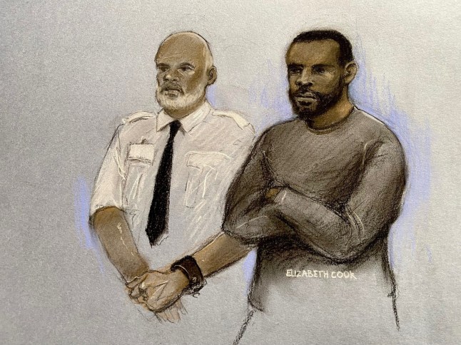 Court drawing by Elizabeth Cook of Yostin Andres Mosquera appearing at Wimbledon Magistrates' Court, south west London, charged with two counts of murder over the deaths of two men whose remains were found in suitcases in Bristol last week. Picture date: Monday July 15, 2024. PA Photo. See PA story COURTS Clifton. Photo credit should read: Elizabeth Cook/PA Wire