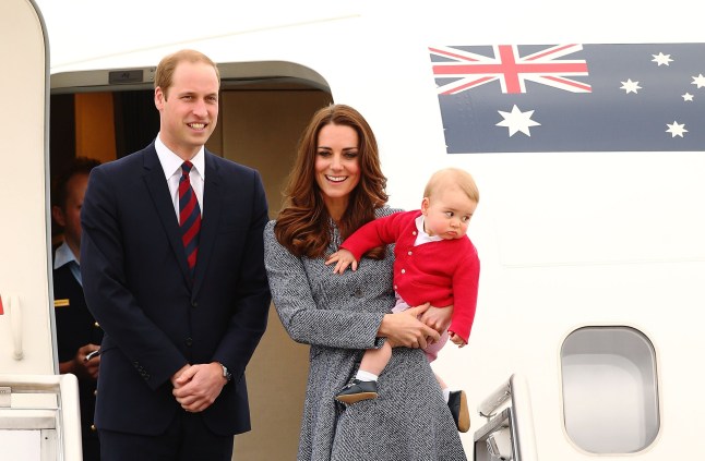 CANBERRA, AUSTRALIA - APRIL 25: Catherine, Duchess of Cambridge, Prince William, Duke of Cambridge and Prince George of Cambridge leave Fairbairne Airbase as they head back to the UK after finishing their Royal Visit to Australia on April 25, 2014 in Canberra, Australia. The Duke and Duchess of Cambridge are on a three-week tour of Australia and New Zealand, the first official trip overseas with their son, Prince George of Cambridge. (Photo by Mark Nolan/Getty Images)