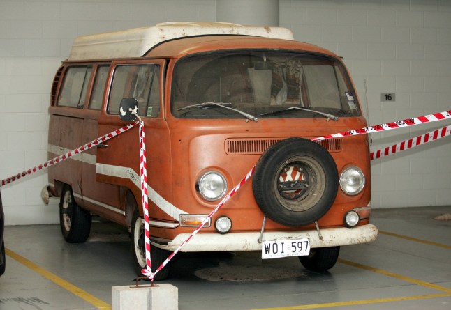 **FILE** A October 18, 2005, file photo of the camper van that belonged to murdered English backpacker Peter Falconio, in the carpark of the Supreme court in Darwin. The van, which was central to the investigation into Mr Falconio's murder, was released from the Supreme Court's basement on May 26, 2008. Mr Falconio's girlfriend Joanne Lees has asked that the van be destroyed. (AAP Image/POOL/David Geraghty, The Australian) 14848933