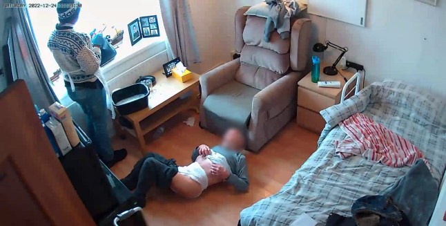 A carer abusing an elderly man in his son's home, just days before he died. Photo released June 2025. A frail pensioner died days after a carer subjected him to violent and degrading treatment including dragging him around by the scruff of the collar and threatening to beat him up. John Attard, who was 88 and had dementia, was living with his son in Bexley when he was ill-treated by Bilikesu Olagunju on Christmas Eve 2022.