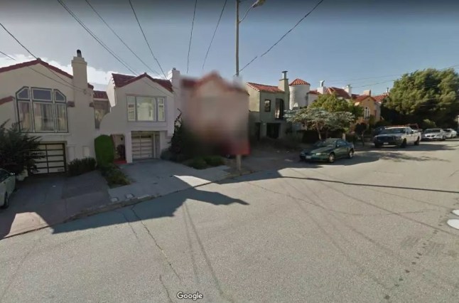 homes are shown blurred on Google Maps Street View in San Francisco, Houston, and Los Angeles