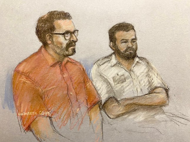 Court artist drawing by Elizabeth Cook of the Reverend Christopher Brain (left) appearing at Inner London Crown Court, south east London, where he is charged with one count of rape and 36 counts of indecent assault, alleged to have been committed between 1981 and 1995 against 13 women who were followers of evangelical group, the Nine O'Clock Service. Picture date: Monday June 30, 2025. PA Photo. Photo credit should read: Elizabeth Cook/PA Wire