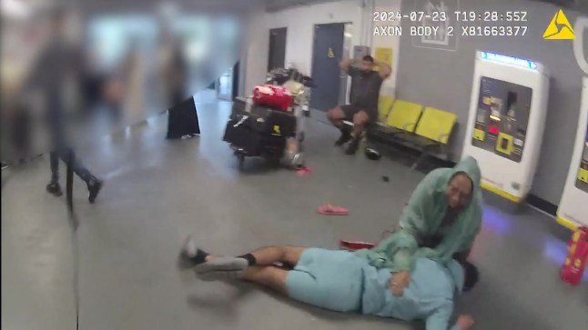 CCTV throwing punches at people.