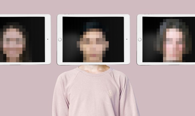 Changing face using AI generated deepfake technology concept. Multiple blurred person face on tablet screen, covering true identity. Spreading hoax using modern tech.