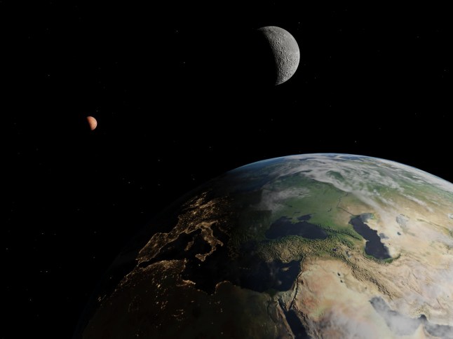 Close up earth view with moon and mars in view