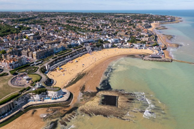 Aerial view of the sandy beach and waves at Broadstairs on the Kent Coast. Thanet, England. A popular beach with Londoners and Kent locals.