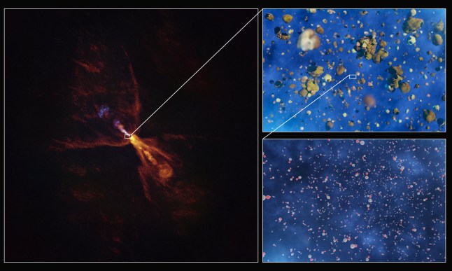 These images illustrate how hot gas condenses into solid minerals around the baby star HOPS-315. The image to the left??was taken with the Atacama Large Millimeter/submillimeter Array (ALMA), in which ESO is a partner. Two insets show artist???s impressions of molecules of silicon monoxide condensing into solid silicates.