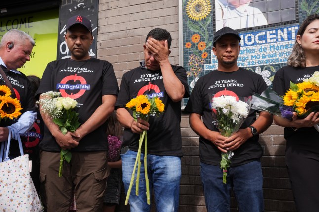 The family of Jean Charles de Menezes hold a vigil outside Stockwell Station in London, to mark the moment when the Brazilian was shot dead by the Metropolitan Police twenty years ago. Picture date: Tuesday July 22, 2025. PA Photo. Photo credit should read: Lucy North/PA Wire