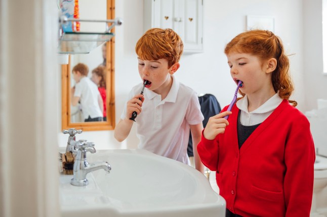A brother and sister in their bathroom at home before school brushing their teeth.