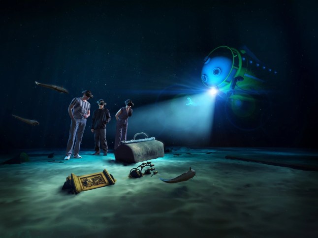 A screenshot of the Titanic VR experience in London showing the research vessel on the bottom of the floor.