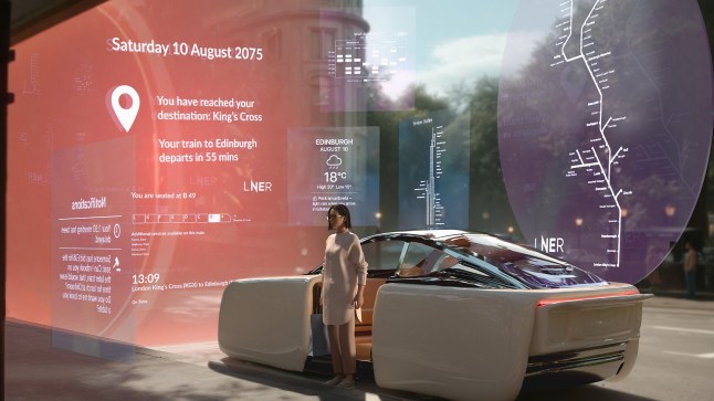 A CGI visual of a computer animated person in a train carriage in 2075.