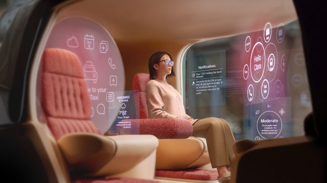 A CGI visual of a computer animated person in a train carriage in 2075.