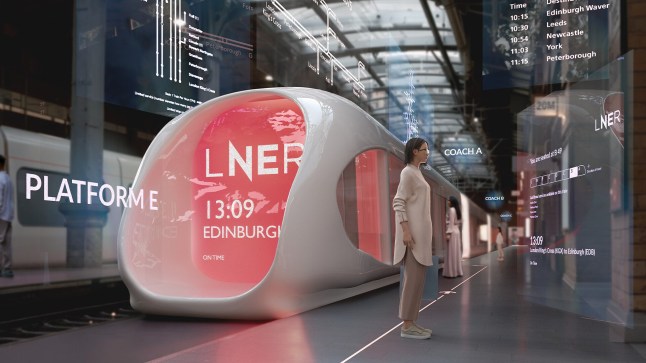 A CGI visual of a computer animated person in a train carriage in 2075.