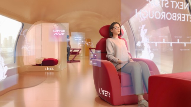 A CGI visual of a computer animated person in a train carriage in 2075.