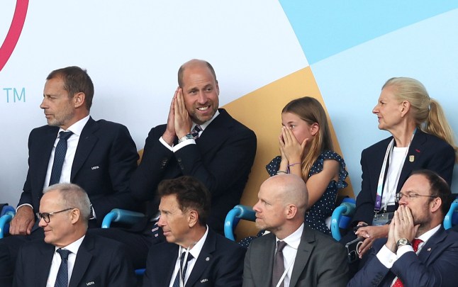 BASEL, SWITZERLAND - JULY 27: HRH Prince William, Prince Of Wales and Princess Charlotte of Wales look disappointed and dejected after Spain go 1-0 ahead against England during the UEFA Women's EURO 2025 Final match between England and Spain at St. Jakob-Park on July 27, 2025 in Basel, Switzerland. (Photo by Crystal Pix/MB Media/Getty Images)