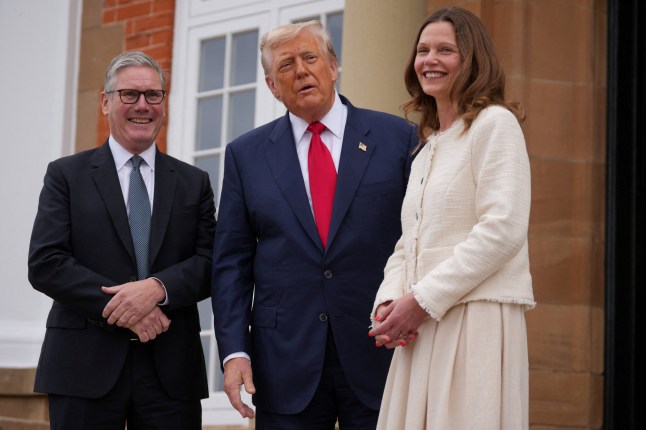 U.S. President Donald Trump, British Prime Minister Keir Starmer and his wife Victoria Starmer react as they meet at Trump Turnberry golf club on July 28, 2025 in Turnberry, Scotland, Britain. Christopher Furlong/Pool via REUTERS