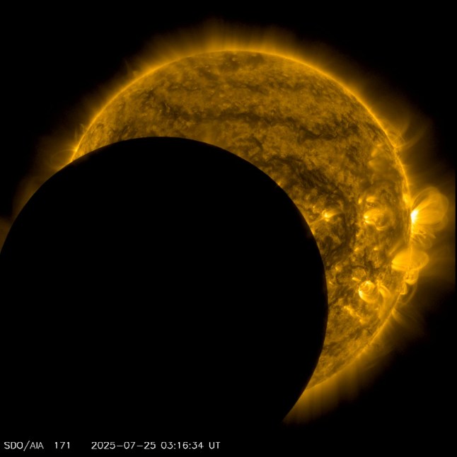 A view of the Sun from NASA's Solar Dynamics Observatory (SDO) shows the Moon passing between the spaceship and the Sun on July 25, 2025. Images are in different colours because SDO observes light at many wavelengths. Incredible scenes show the Sun playing peak-a-boo with a spacecraft as the Moon eclipsed the star. NASA's Solar Dynamics Observatory (SDO) witnessed a rare double eclipse as first the Moon and then the Earth pass between its instruments and the Sun on July 25. The Moon?s transit, the deepest of the year so far, briefly blocked up to 62% of the solar disc, leaving a sharp shadow. Just hours later, the Earth followed suit, albeit less dramatically as a spectacle as it completely obscured the Sun for over ninety minutes. Double eclipses like this are extremely rare, last seen in 2015 and 2016 from the SDO?s viewpoint. SDO is about 93 million miles (150 million kilometres) away from the Sun. It orbits the Earth at about 22,245 miles (35,790 kilometres) above the surface, so it stays roughly the same distance from the Sun as the Earth does. This position helps it keep a steady view of the Sun. Photo released 29/07/2025