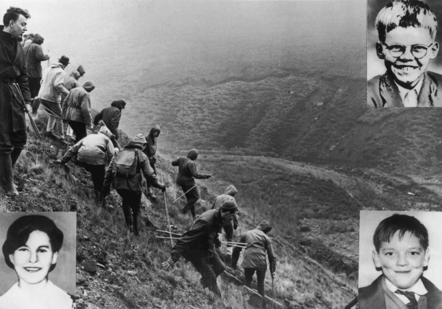 A search is carried out on Saddleworth Moor for missing children Keith Bennett (top right), Pauline Reade (bottom left) and John Kilbride (bottom right), October 1965. All three were the victims of so-called Moors Murderers Ian Brady and Myra Hindley. (Photo by Keystone/Hulton Archive/Getty Images)