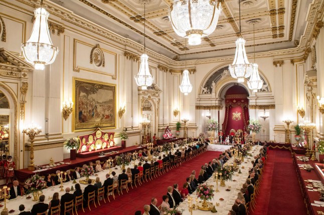Britain's Queen Elizabeth II hosts US President Donald Trump and the US First Lady for a State Banquet in the ballroom at Buckingham Palace in central London on June 3, 2019, on the first day of the US president and First Lady's three-day State Visit to the UK. - Britain rolled out the red carpet for US President Donald Trump on June 3 as he arrived in Britain for a state visit already overshadowed by his outspoken remarks on Brexit. (Photo by Dominic Lipinski / POOL / AFP)DOMINIC LIPINSKI/AFP/Getty Images