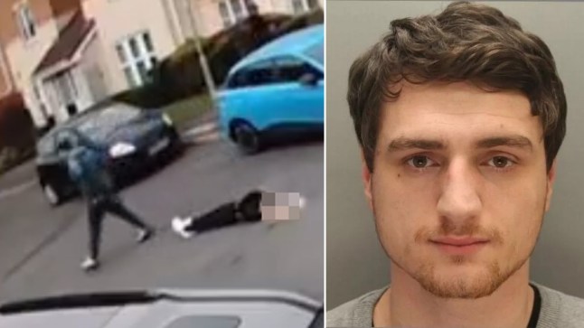 A composite image of Ring camera footage of a man walking away from a woman lying on the road, and a mugshot of Thomas Jennings.
