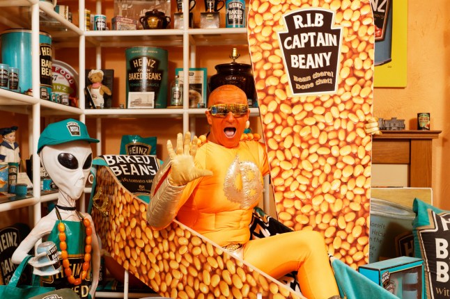 Mandatory Credit: Photo by Dimitris Legakis/Athena Pictures/REX/Shutterstock (12553845l) Captain Beany inside his coffin in his Baked Bean Museum of Excellence in his flat Captain Beany, Port Talbot, Wales, UK - 21 Sep 2021