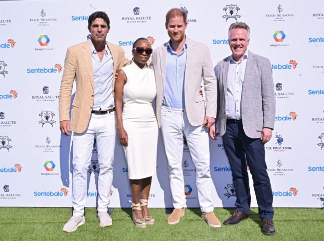 WELLINGTON, FLORIDA - APRIL 12: Nacho Figueras, Dr. Sophie Chandauka, Chair of Sentebale, Prince Harry, Duke of Sussex and Richard Miller, CEO, Sentebale attend the Royal Salute Polo Challenge benefitting Sentebale at Grand Champions Polo Club on April 12, 2024 in Wellington, Florida. The annual Polo Cup has been running since 2010, and to date has raised over ??11.4 million to support Sentebale's work with children and young people affected by poverty, inequality and HIV/AIDS in southern Africa. (Photo by Jason Koerner/Getty Images for Sentebale)