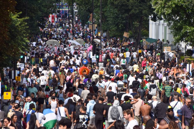Mandatory Credit: Photo by Vuk Valcic/ZUMA Press Wire/Shutterstock (14664415cv) Thousands of people pack the streets on the second day of this year's Notting Hill Carnival. The annual event in London's popular Notting Hill area attracts around a million people and is primarily a celebration of Caribbean culture. Notting Hill Carnival second day, London, England, Uk - 26 Aug 2024