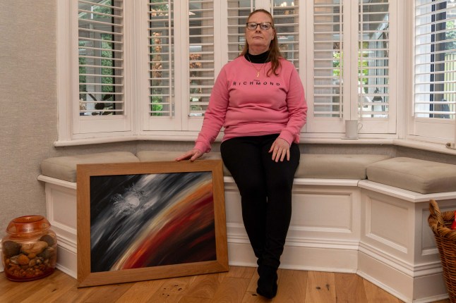 Pauline with canvas that her daughter painted. Pauline's daughter was killed by her partner when leaving a work function in 2019. She'd previously gone to the police with concerns that he was dangerous, and he was convicted of manslaughter on grounds of diminished responsibility after it was found he was going through a schizophrenic episode at the time. Pauline is has launched the BRF campaign in her daughter's memory (BRF are her daughter's initials - Bethany Rae Fields) and it stands for Believe. React. Fast and is a message to police to believe women when they come forward with concerns for their lives.