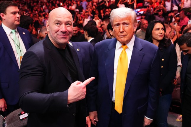 MIAMI, FLORIDA - APRIL 12: U.S. President Donald Trump attends the UFC 314 event alongside UFC President and CEO Dana White at Kaseya Center on April 12, 2025 in Miami, Florida. (Photo by Jeff Bottari/Zuffa LLC)
