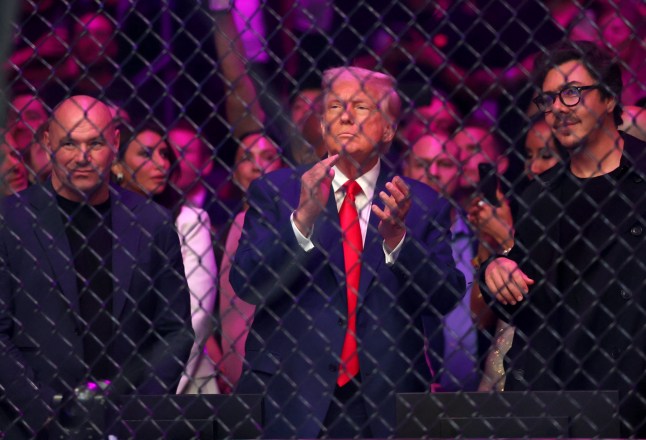 Jun 7, 2025; Newark, New Jersey, UNITED STATES; CEO of the UFC Dana White and the President of the United States Donald Trump before a bantamweight title fight during UFC 316 at Prudential Center. Mandatory Credit: Vincent Carchietta-Imagn Images