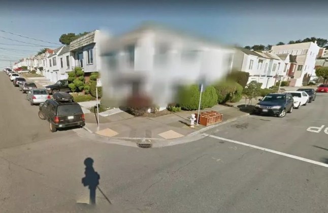 homes are shown blurred on Google Maps Street View in San Francisco, Houston, and Los Angeles