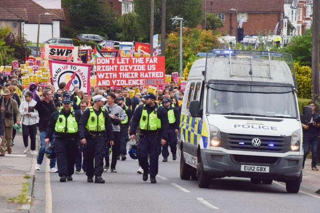 Mandatory Credit: Photo by Vuk Valcic/ZUMA Press Wire/Shutterstock (15416708v) Protesters march in support of migrants in Epping. Several anti-migrant protests targeting the Bell Hotel, where migrants are housed, have taken place after an asylum seeker was charged with allegedly trying to kiss a 14-year-old girl. Protest In Suppport Of Migrants Outside The Bell Hotel In Epping, England, United Kingdom - 27 Jul 2025