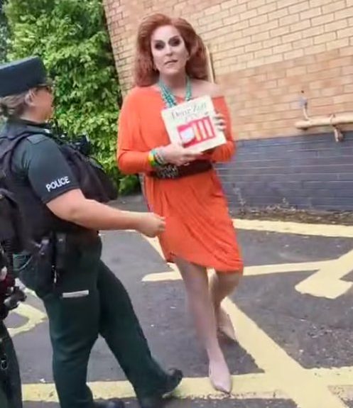 IMAGE TAKEN WITHOUT PERMISSION Police escort drag queens from children's story telling event Belfast Nightwatch First Division BNFD Hollywood Arches library Drag Queen story time for 5 year old today at 1.30