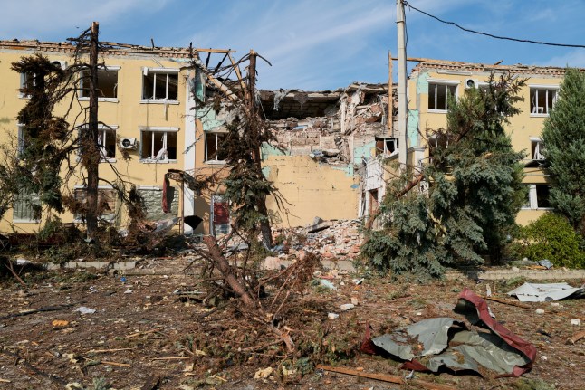 SLOVIANSK, UKRAINE - AUGUST 8: The iconic Hotel Sloviansk, once a refuge for media professionals at the start of the Donbas war in 2014, was struck by Russian forces a week ago on August 8, 2025 in Sloviansk, Ukraine. The deadline set by U.S. President Donald Trump for Russia to end its war in Ukraine, or face significant economic sanctions, expires on August 8, 2025. Russian bombings and drone attacks have intensified, with July marking a record high. (Photo by Pierre Crom/Getty Images)