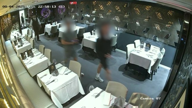 Video grab as an Indian restaurant has accused a group of guests of a 'dine and dash' without paying for a ?200 meal.The incident occurred on August 5, 2025, at around 10:15pm at Saffron in Northampton.The restaurant posted CCTV footage showing a group of four - and said they ran off before settling the bill.The group?s order totalled ?197.30, according to a receipt shared by the restaurant. Photo released 10/08/2025