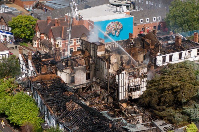 Fire crews continue to work at the scene of the Raven Hotel in Droitwich Spa, Worcestershire, following a fire at the Grade II listed site which began on Sunday. Picture date: Monday August 11, 2025. PA Photo. Photo credit should read: Jacob King/PA Wire