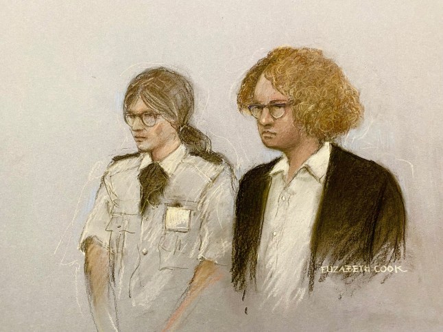Court artist drawing by Elizabeth Cook of former Metropolitan Police Service Special sergeant Gwyn Samuels, appearing at Amersham Crown Court, Buckinghamshire. Samuels, who was previously known as James Bubb, is charged with sexual offences, including rape, against two victims - one in London and the other in Chesham, Bucks. Picture date: Monday August 11, 2025. PA Photo. Photo credit should read: Elizabeth Cook/PA Wire